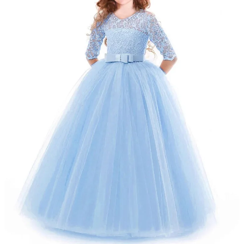 Sweet Girls Hook Flower Hollow Round Neck Solid Color Lace Splicing Half Sleeve Sashes Net Yarn Kids Party Fluffy Long Dresses