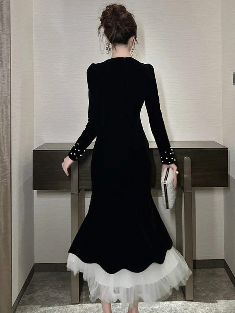 Frauen Kleidung Retro Samt Mesh Oansatz Schlank Meerjungfrau Kleid Elegante Abend Party Geburtstag Vestido Robe Casual Neue Formale Anlass