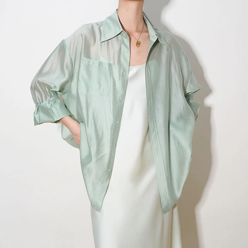 Mint Green Tencel Blouse 2024 Summer Women Long Sleeve Sun Protection clothing White Thin Shirt Femme Casual Loose Cardigan Top