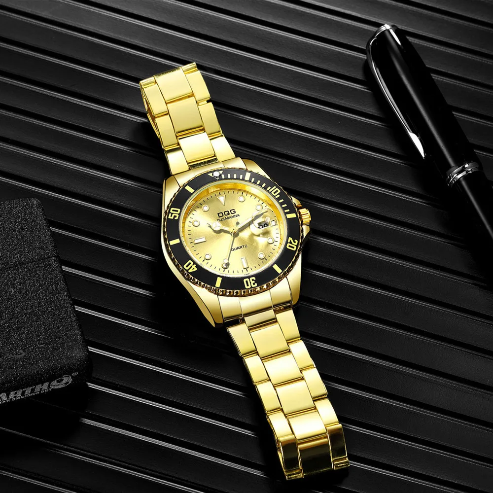 Reloj de pulsera de cuarzo para hombre, cronógrafo de acero inoxidable con esfera grande, sencillo, dorado, a la moda, para negocios