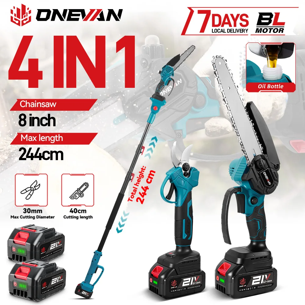 ONEVAN 5500W 4-in-1 Bürstenlose Elektrische Hochastsäge & -schere 8-Zoll-Kettensäge Garten-Baum-Schneidwerkzeug für Makita 18V Akku