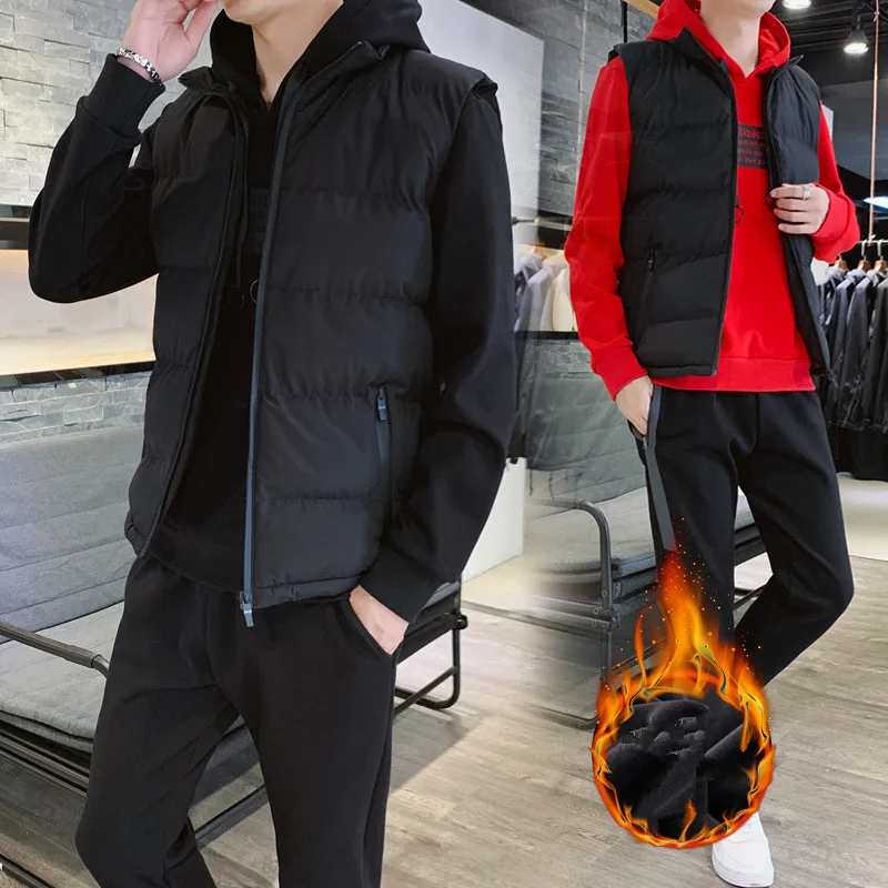 2022 Winter Track Suit Men's Casual Running Suit Male Vest + Jacket + Sports Pants Three-piece Plus Velvet Thick Sports Joggers