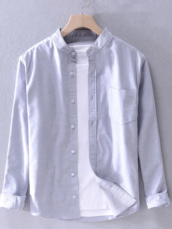 Autumn Men's round Neck Long Sleeve Oxford Cloth Shirt Casual Loose Fit Stand Collar Pure Cotton Trendy Base Layer Shirt