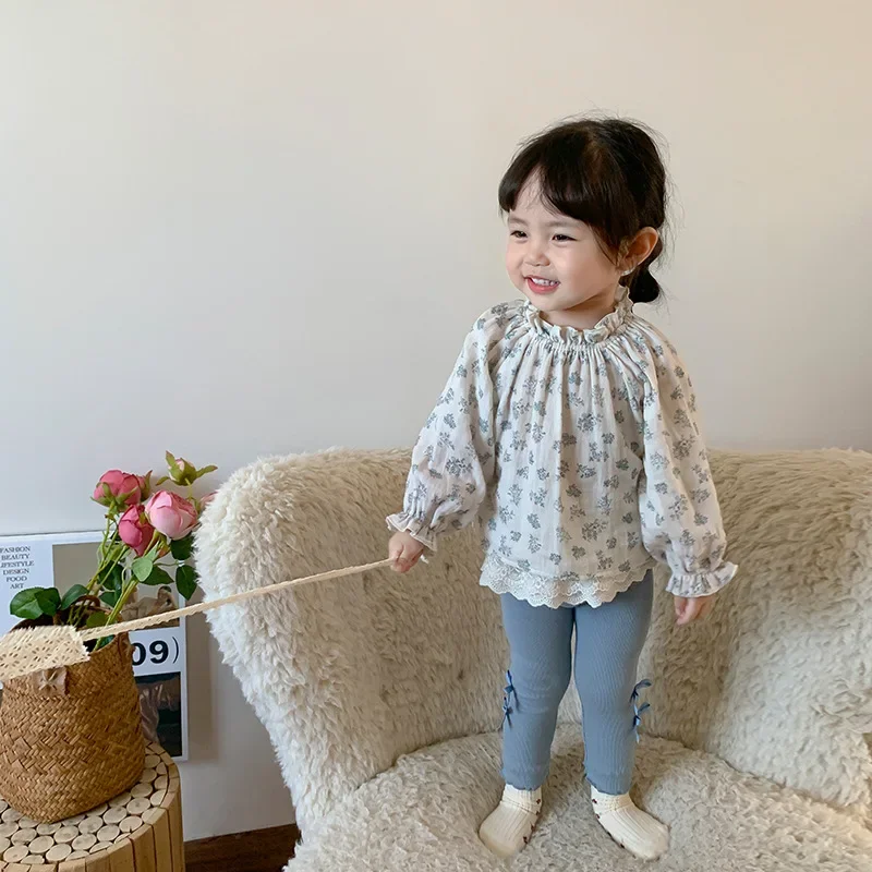 

Girls Suit 2024 Autumn New Childrens Wear Korean Style Baby Girl Floral Closing Doll Shirt Bow Leggings Two-piece Set Casual