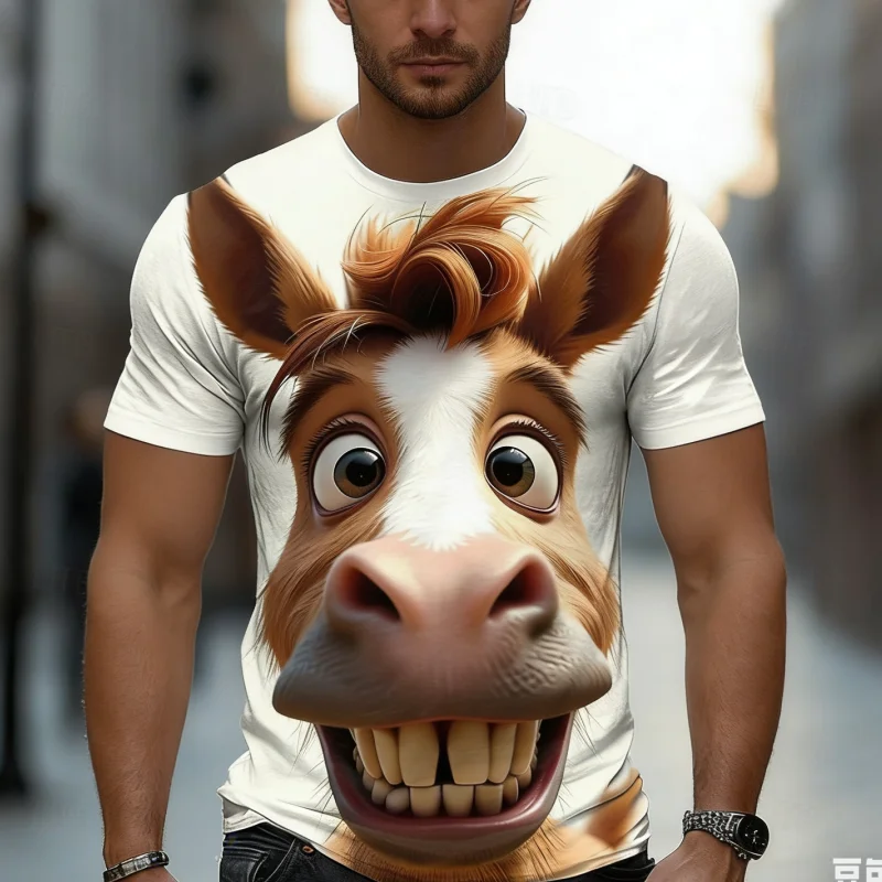 

Summer 3D Funny Animal Printed Y2k Men's T-Shirt Casual Fashion Cartoon Pony Pattern Hip Hop Crew Neck Short Sleeve Clothing Top