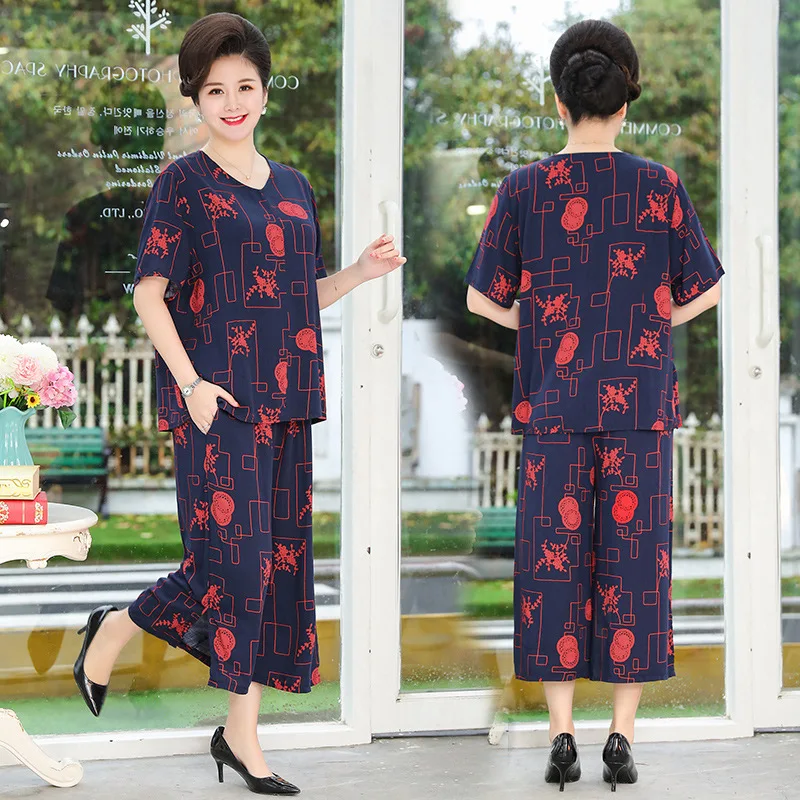 Middle-Aged Elderly Mother Pant Suit Short-Sleeved Large Size Grandma Clothes Loose Spring Summer Womens Two Peice Sets 2XL-8XL