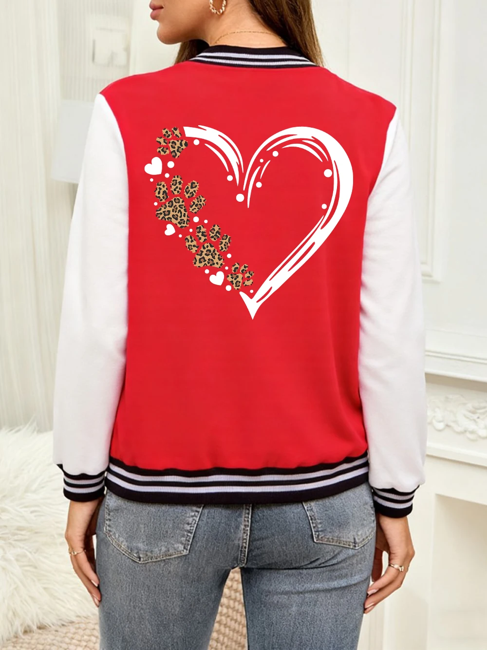 

Cat Paw Heart Leopard Prints Baseball Coat Womens Comfortable Loose Jackets Winter Fleece Warm Tops Basics Casual Woman Clothes