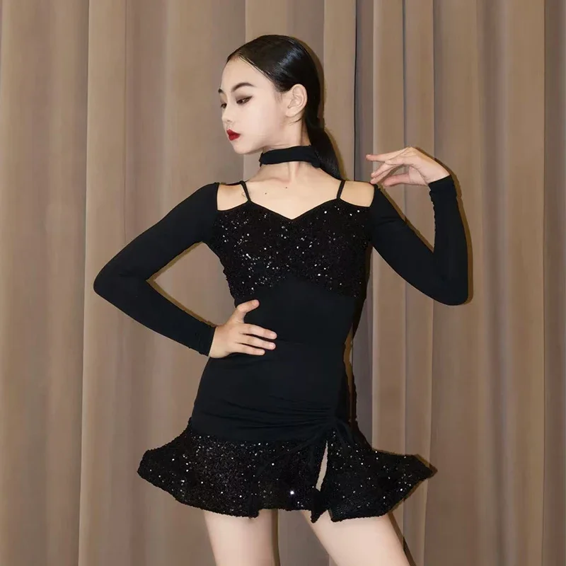 

Новый костюм для латинских танцев для девочек на осень и зиму, детское тренировочное платье, детское платье для выступлений, комплект танцевальных платьев Starry Sky