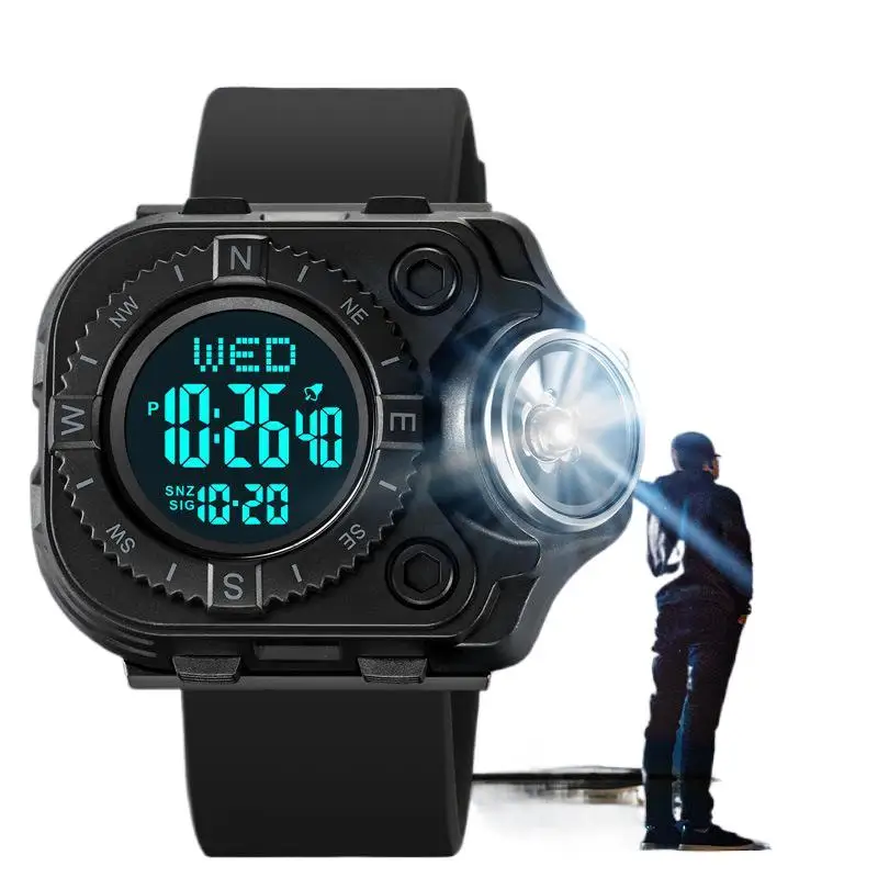ساعة SkmeiMen الإلكترونية المقاومة للماء ومضيئة ومتعددة الوظائف، ساعة رياضية خارجية إلكترونية مع مصباح يدوي