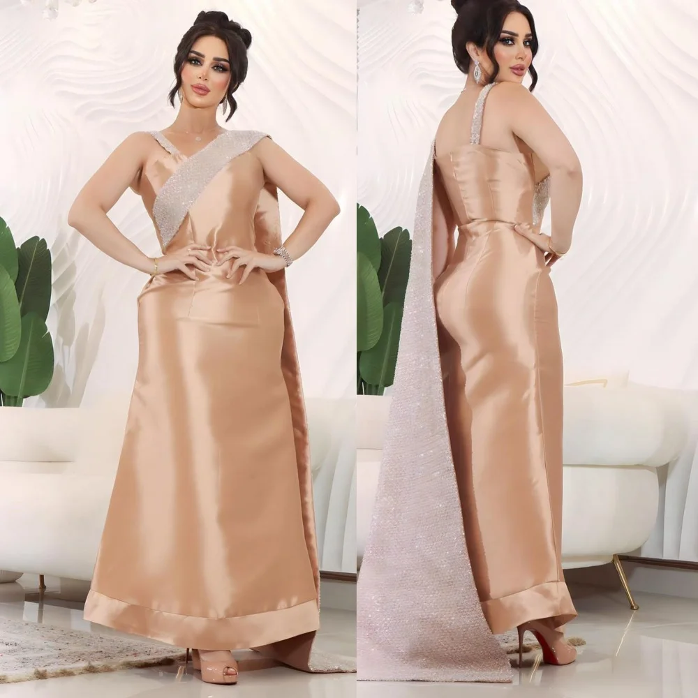 

Evening Satin Sequined Beading Ruched Celebrity A-line One-shoulder Bespoke Occasion Gown Midi Dresses