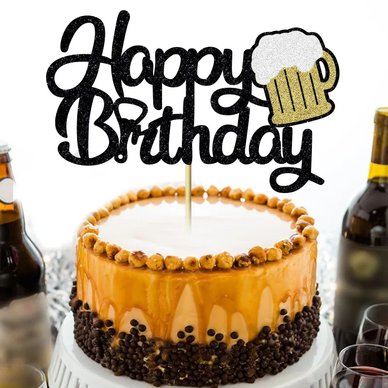 Cheers Beer Mug Happy Birthday Cake Topper Decoration Glitter Beers Pick Cupcake Toppers Beer Festival Birthday Party Supplies