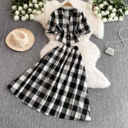 Summer Two Piece Skirt Set Short Sleeved Black And White Shirt Checkered Lattice Dress V Neck Single Breasted Blouse