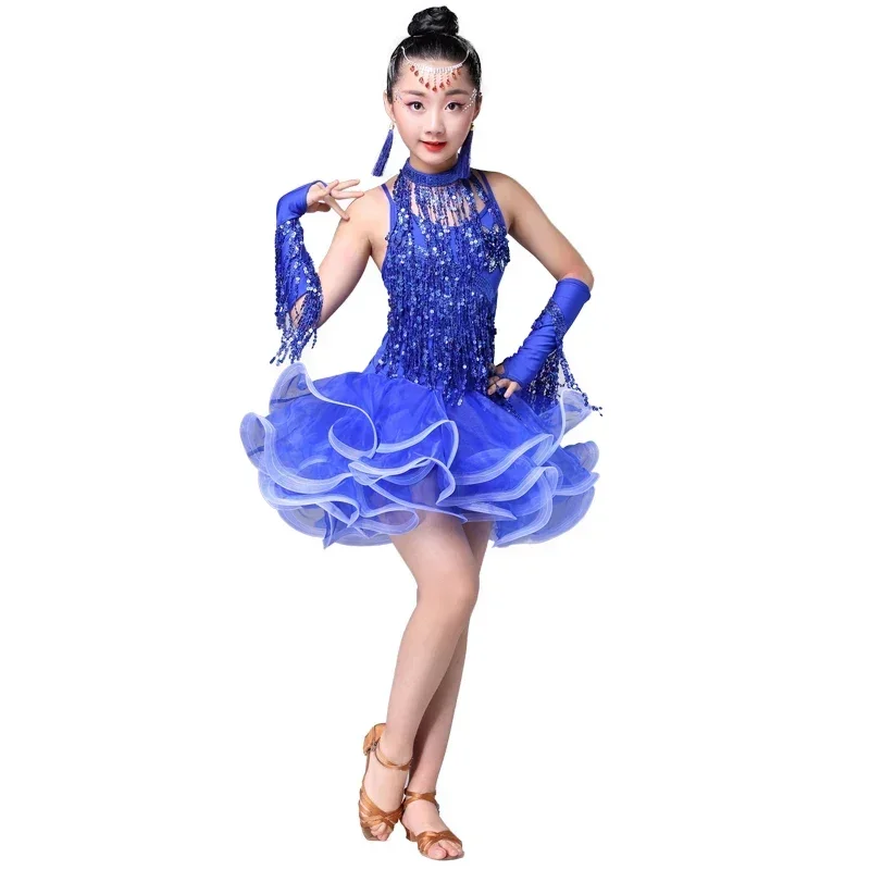 أزياء الرقص اللاتينية للأطفال تنورة لاتينية ترتر أداء المنافسة زي الفتيات فستان السالسا الرقص شرابة #3