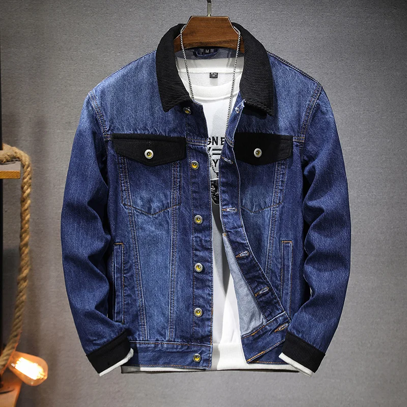 2024 autumn and winter new products Men's blue washed denim jacket Men's stand collar corduroy patchwork jacket