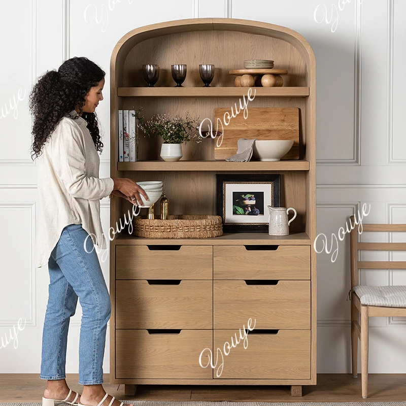 

French solid wood bookcase American retro dining side cabinet household living room arched display storage locker