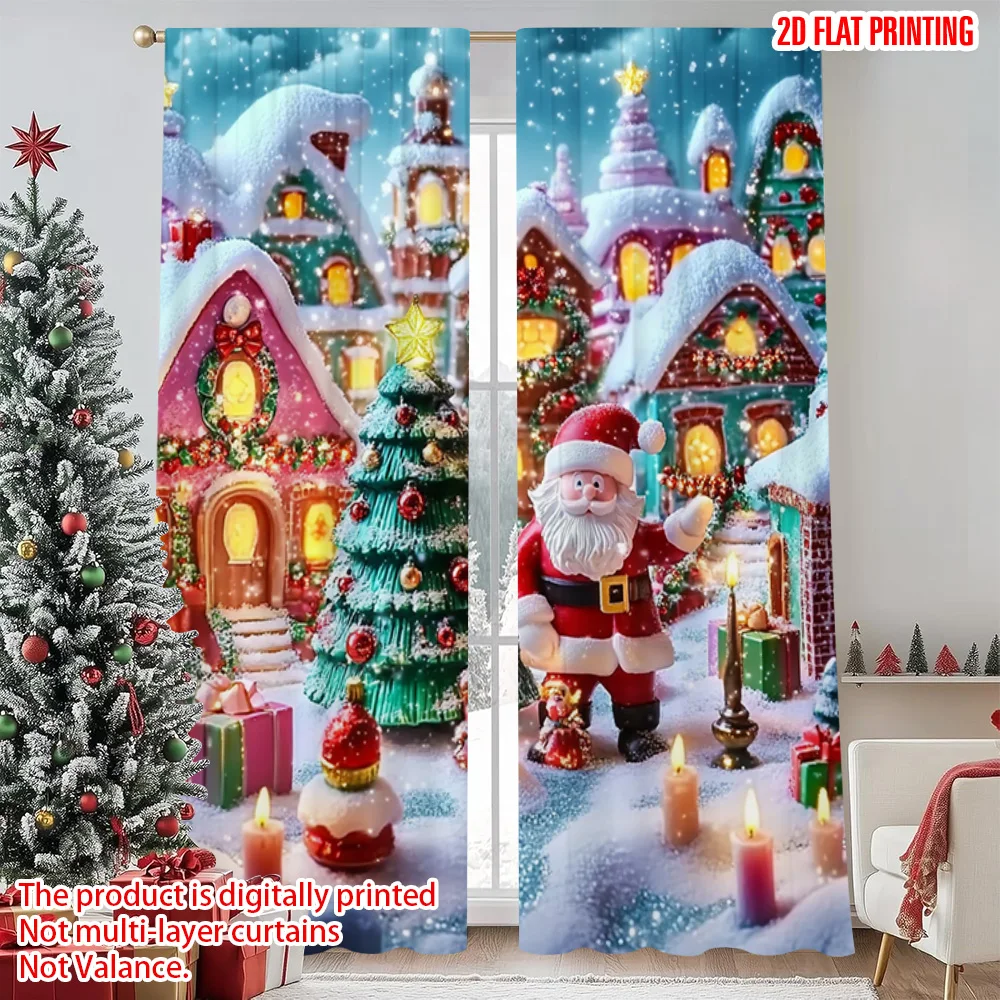 

2pcs 2D flat printing Merry Christmas Popular Window Curtains Christmas Forest Machine Washable Polyester Without Electricity