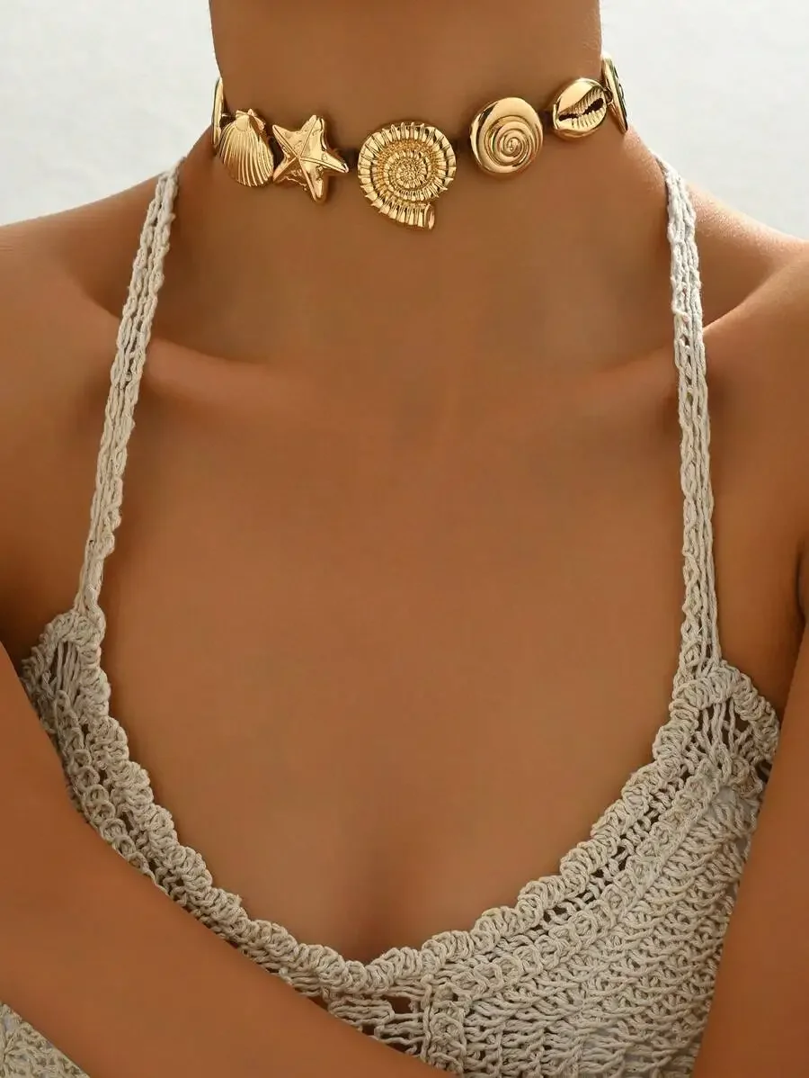 

Womens Boho Seashell Choker Necklace Handmade Woven Cord Beach Vacation Accessory