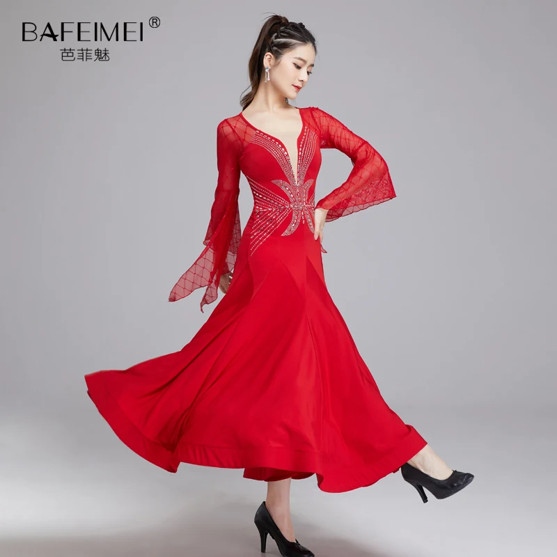 Vestido de dança moderna latina feminino, novo vestido de dança de salão, valsa, manga de chifre, grande vestido de performance de prática 9026