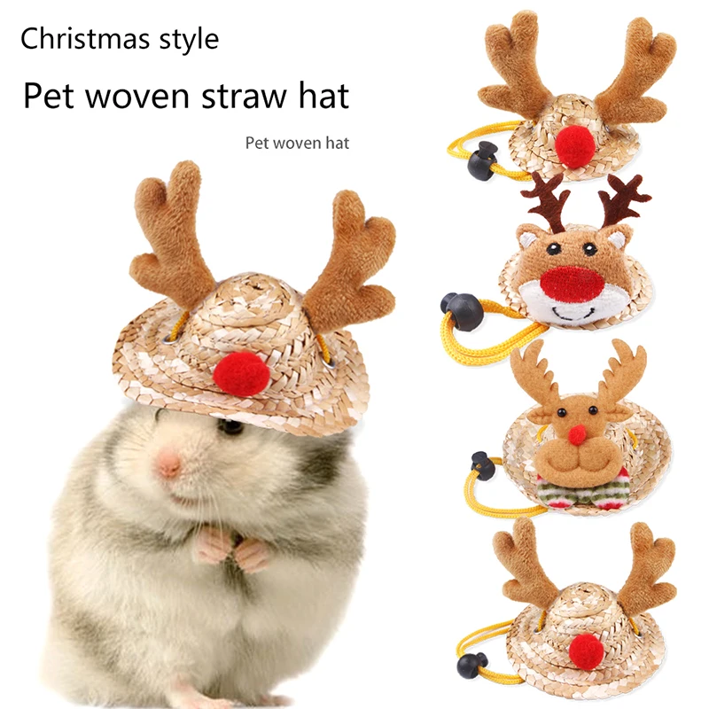 Niedlicher Mini-Weihnachtsstrohhut für kleine Tiere, verstellbar, für Haustiere, Cosplay, Kleidung, Kopfbedeckung, Hamster, Meerschweinchen, Haustierzubehör