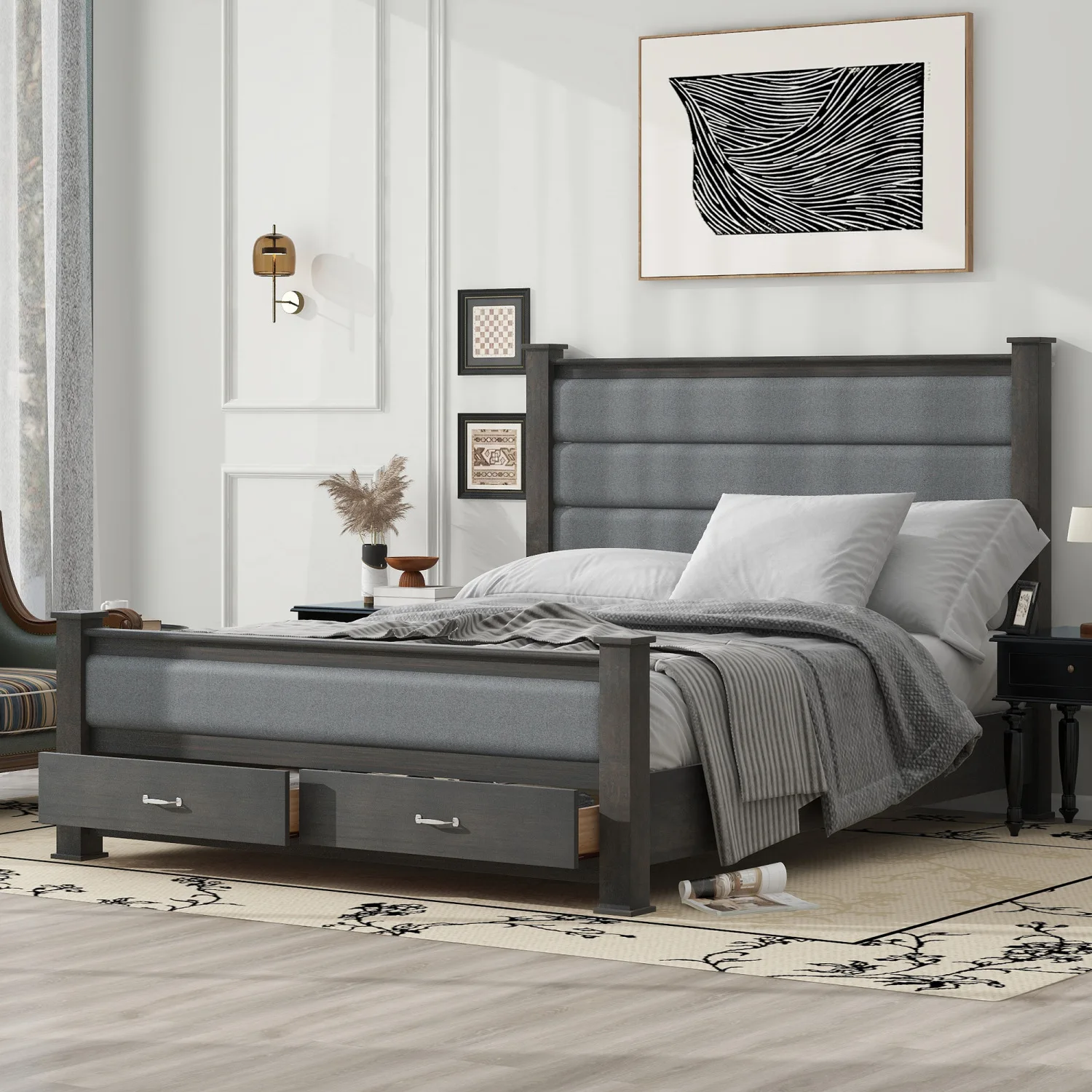 

Queen Size Wood Platform Bed w/ Upholstered Headboard, Footboard, 2 Drawers - Antique Gray