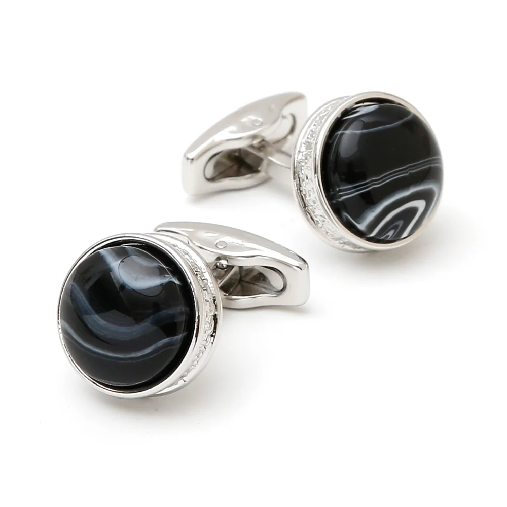 Men's Black Agate Textured Cufflinks Silver Border Retro Carved Border Cufflinks Business Dress Banquet Shirt Suit Sleeve Button