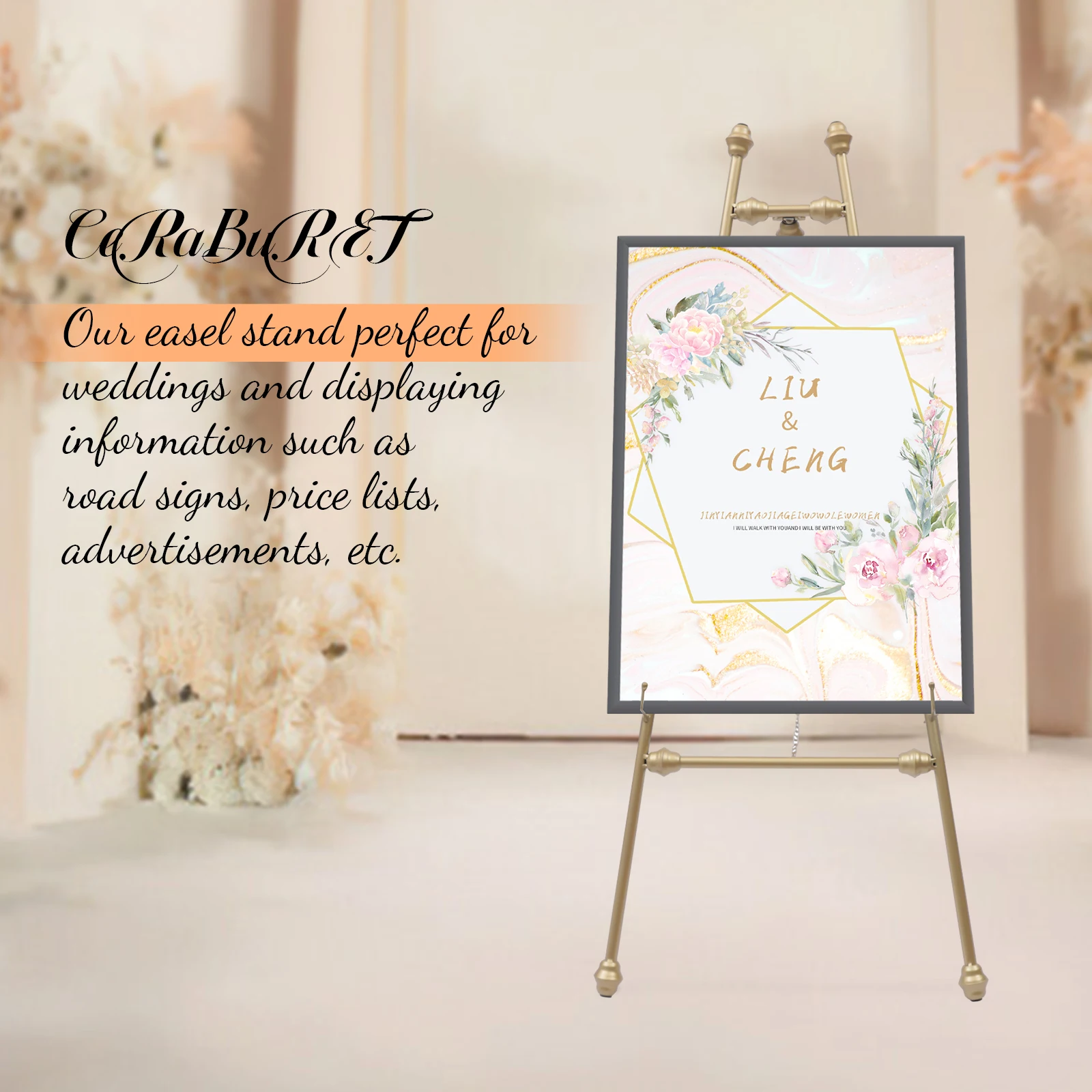 

46.5" Tall Metal Portable Floor Easel Stand for Decorative Display Large Golden Wedding Easel Stand With Adjustable Hooks