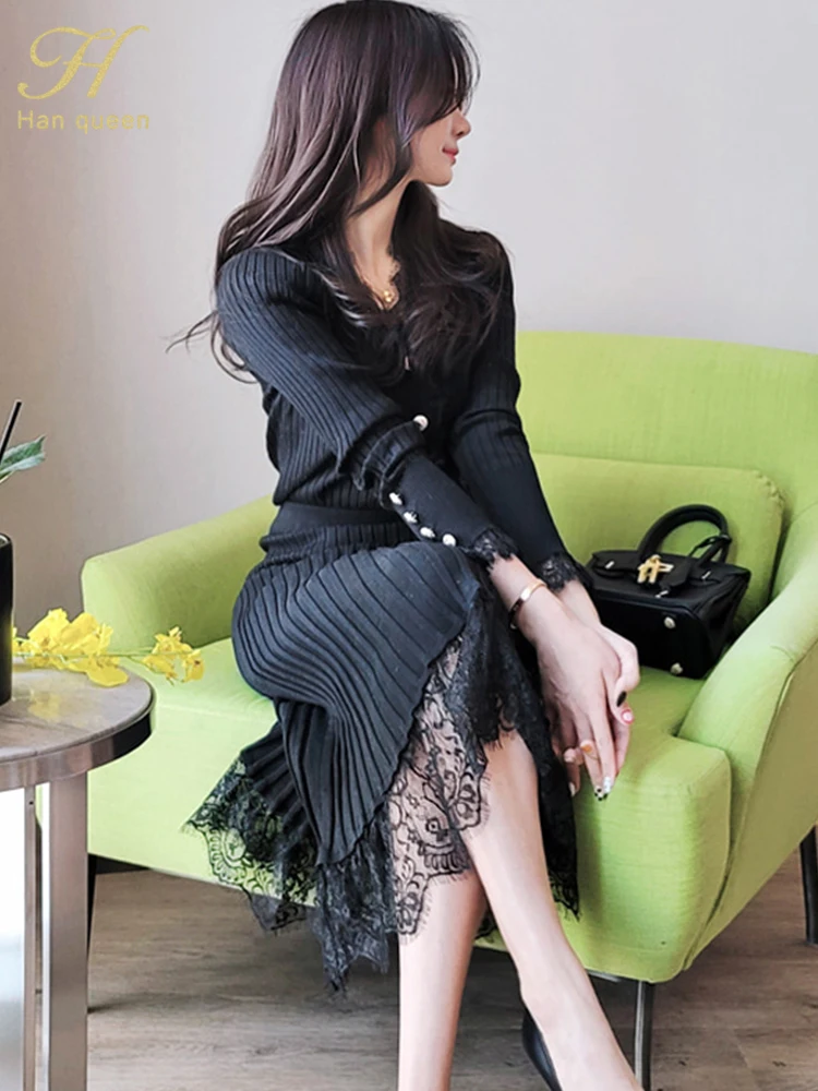 H Han Queen Korean 2 Pieces Set Women\'s Knitted Bottoming Vestidos Stitching Lace Black Single-breasted Mermaid Lady Skirt Suit