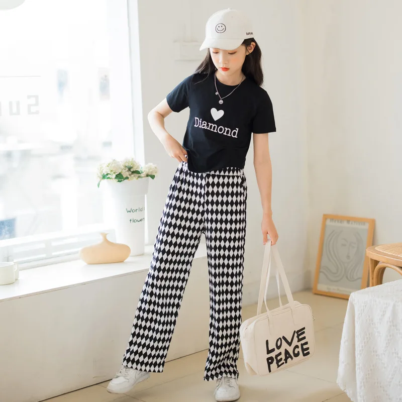 

2024 Korean Summer Junior Girl 2PCS Clothes Set Teenager Girl Letter Printed T-shirt+Checkered Straight Pants Set For Girls