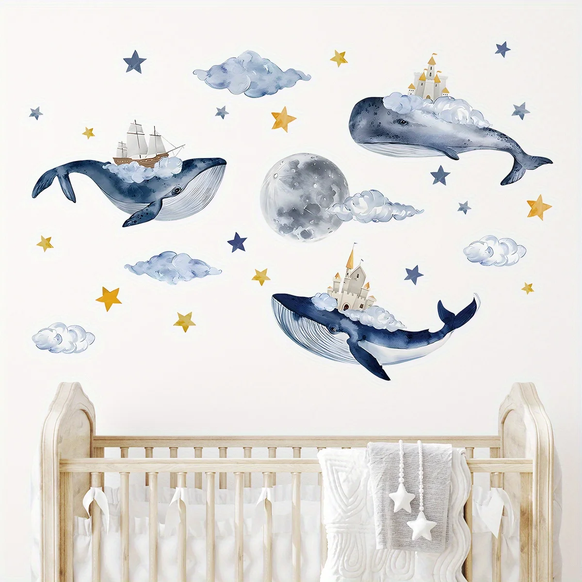 Cartoon Cute Whale Cloud Moon House Marine Animal Wall Stickers for Bedroom Living Room Nursery Decoration Wall Decals