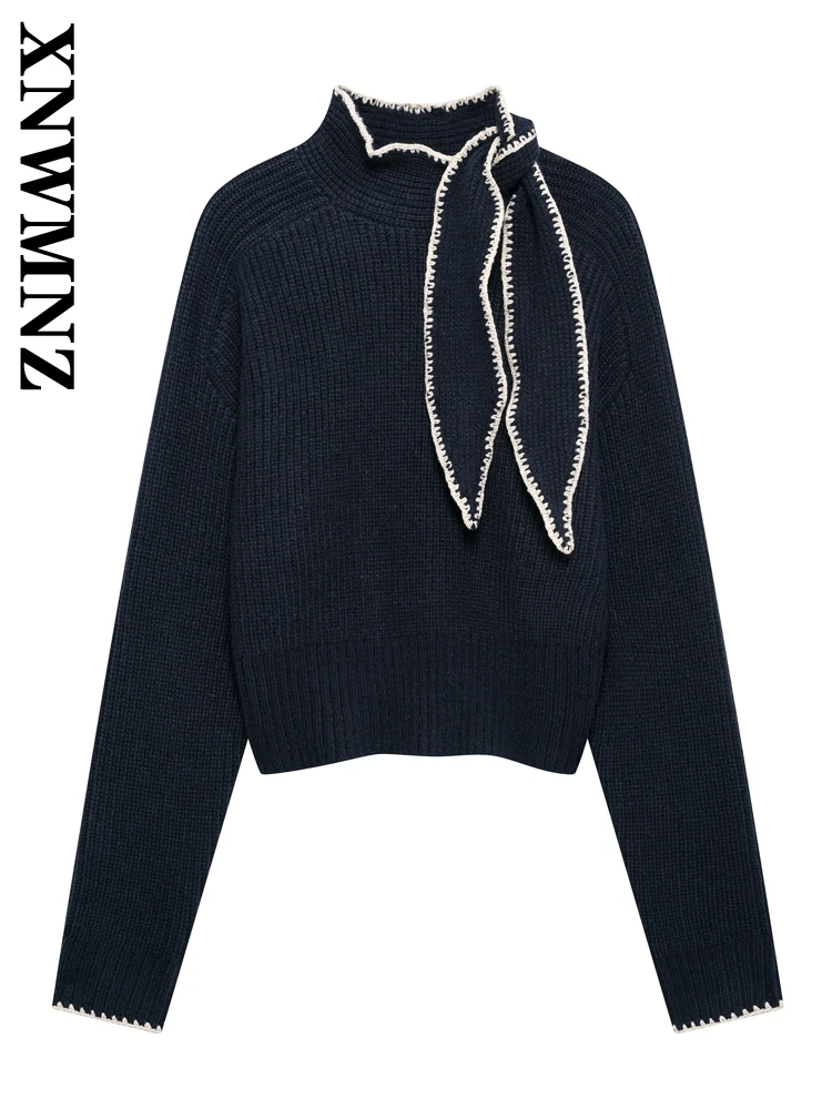 

XNWMNZ 2024 Autumn Lady Trendy Turtleneck Collar Knit Sweater Top Commuting Winter Female Long Sleeve Jumper Bowknot Keep warm
