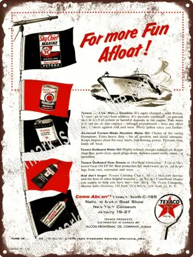Подвесной мотор Texaco 1957 года, масло Can Havoline, металлический знак для лодки 9x12 дюймов A480