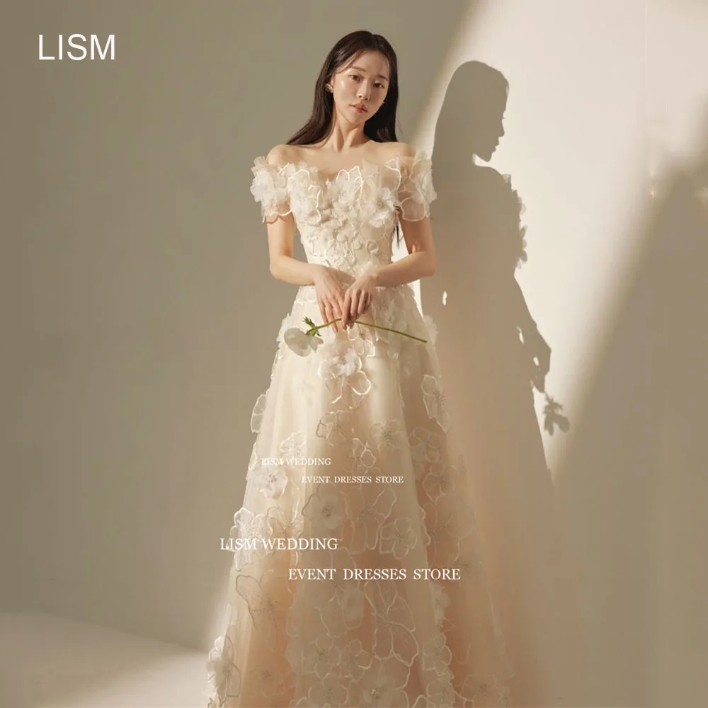 

LISM Sweetheart A Line Korea Wedding Dresses Off Shoulder 3D Lace Appliques Bride Dress Photos Shoot Backless Robe De Mariée