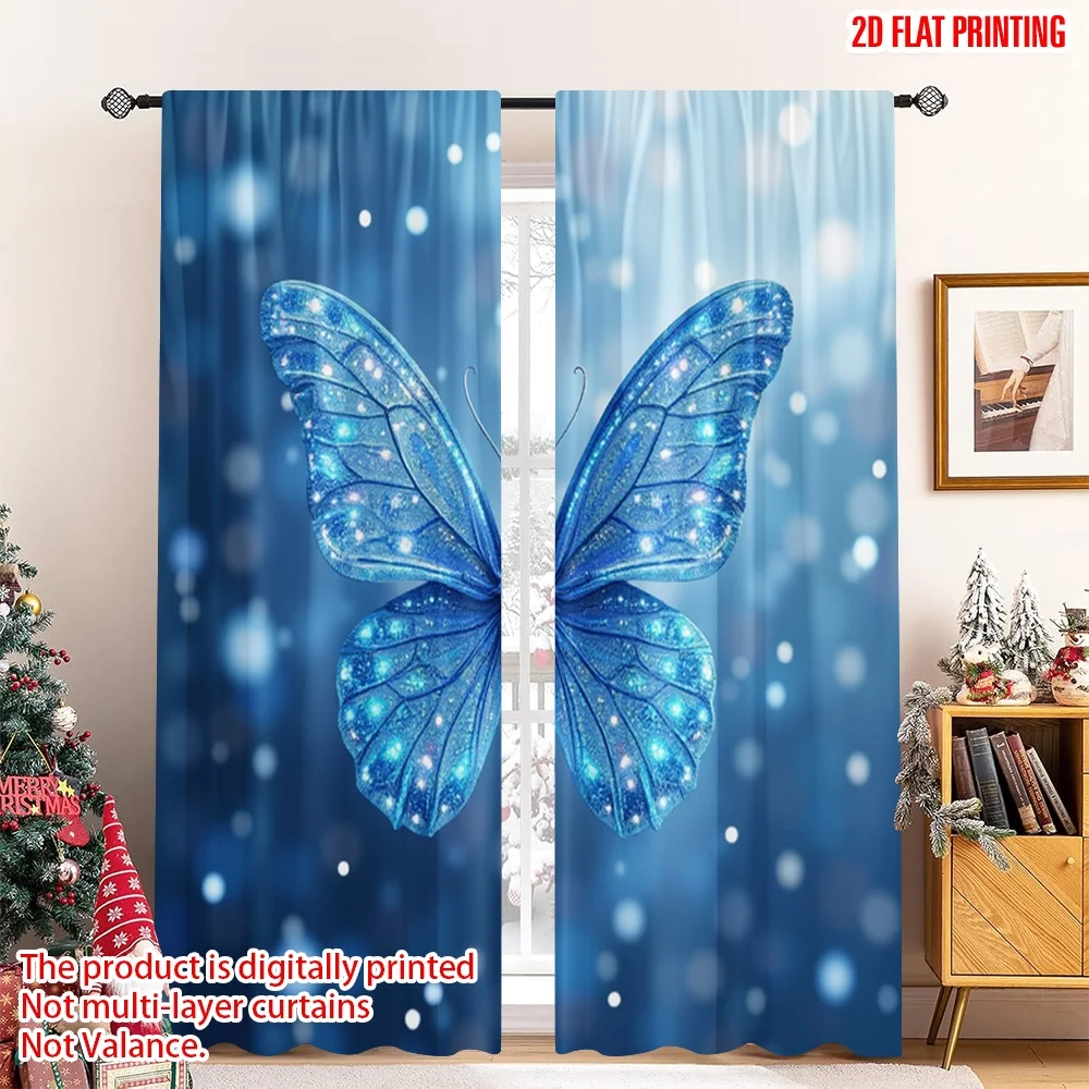 2pcs 2D flat printing Window Curtains Sparkling Blue Butterfly Jewels Digital Printed Polyester Drapes All Season Party &