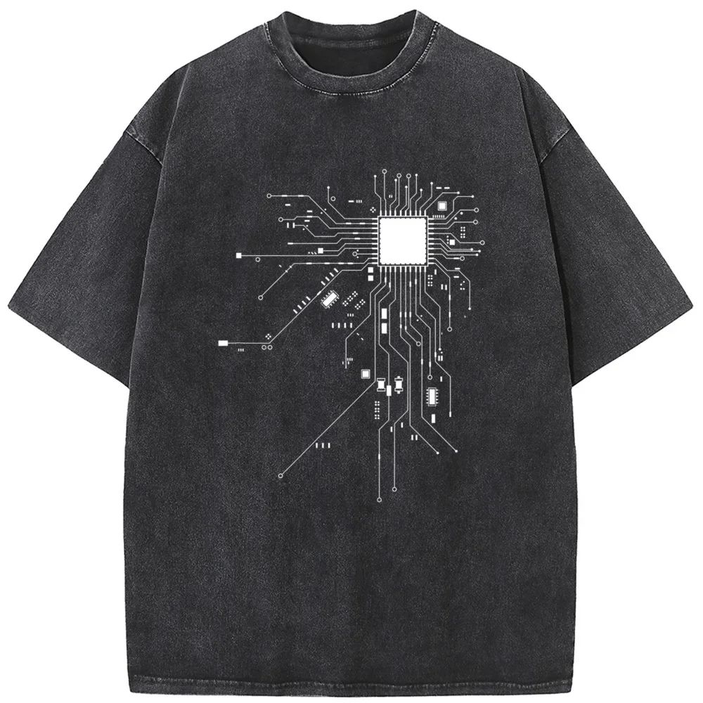 Cpu Processor Circuit Diagram Washed T-Shirt Summer Loose Bleached Tshirt Cotton 230g O-Neck Short Sleeve Bleach Tops Tee