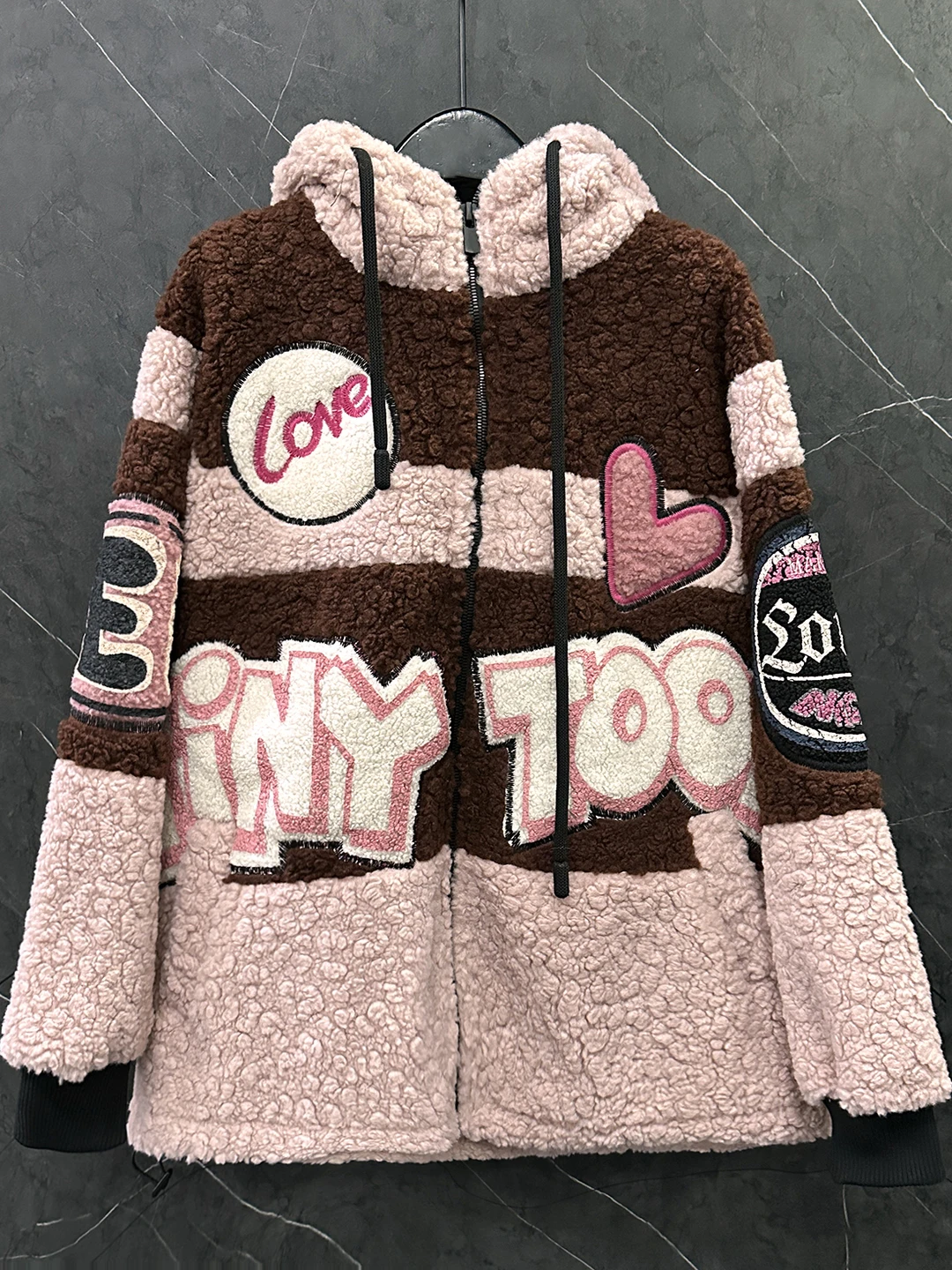 트렌디한 컬러블록 레터링 가을 겨울 플러시 후드 코트 오버사이즈 후드 집업 가디건 탑 두꺼운 플리스 양털 루즈핏 재킷