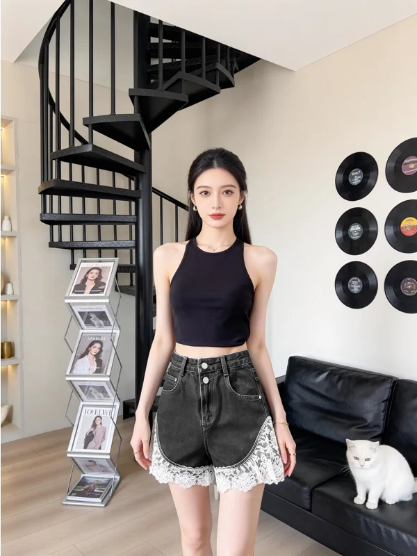 Sweet Lace Trimmed Denim Shorts Casual Loose Wide Leg Women's Summer Slimming High Waist Straight Leg Jeans Casual Style