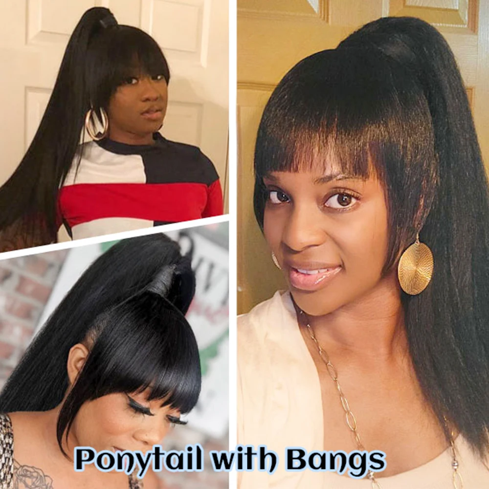 وصلة ذيل حصان برباط من ياكي مع غرة - وصلة ذيل حصان طويلة بمشبك مستقيم من ياكي للنساء قطعة شعر صناعية