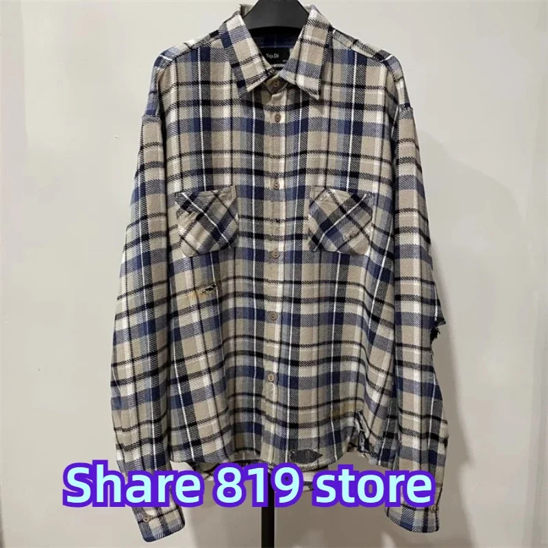 Plaid Damage Hole VUJADE Flannel Long Sleeve Shirts Jacket Men Women Best Quality Stitch Denim Patch Design V-shape Shirt Blouse