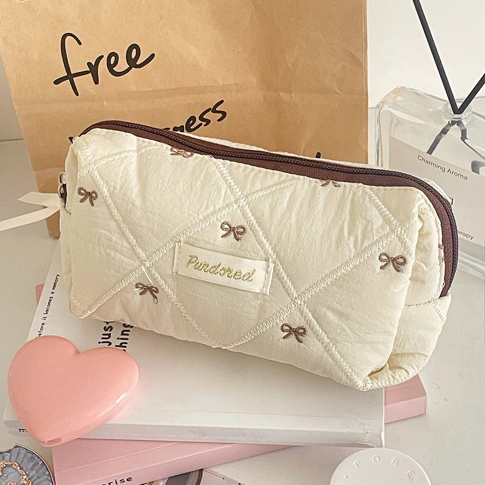 Fashion Brown Bow Cake Women Makeup Zipper Bag Large Capacity Tote Organizer Toiletry Cosmetic Pouch Ladies Make Up Handbag image 6