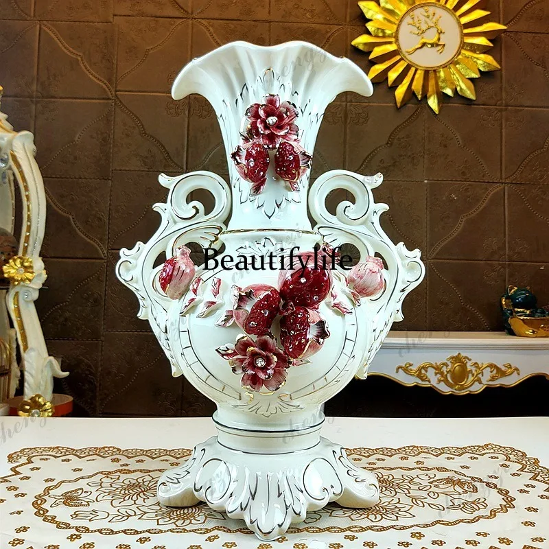 A95 European large vase flower arrangement ceramic gilt pomegranate entrance living room ornament binaural vase luxury