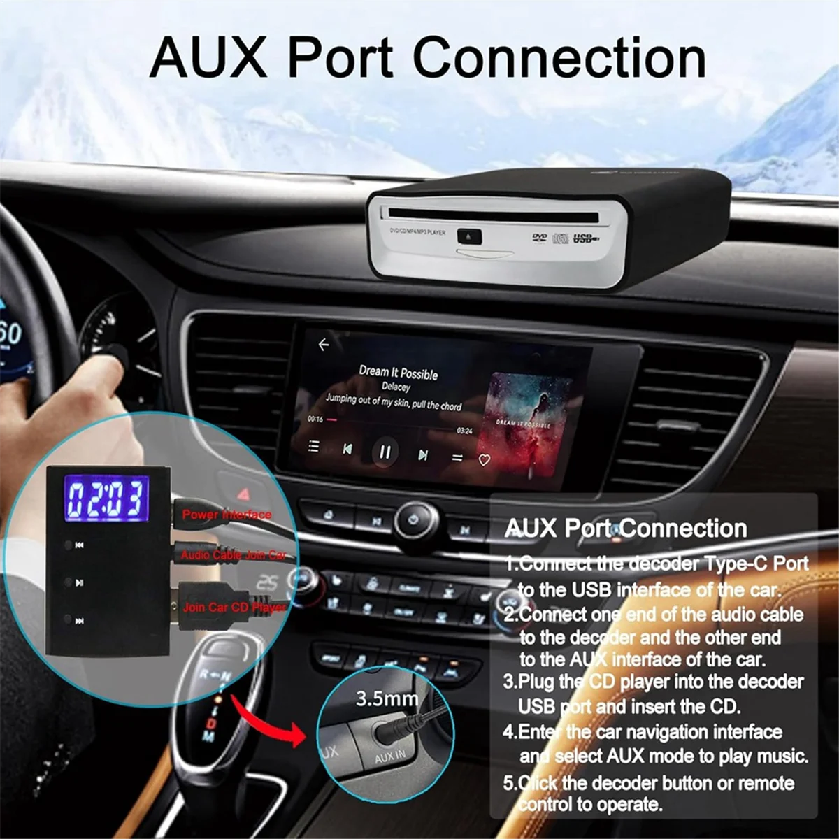 Portable CD Player Decoder with AUX Adapter for Cars Without WAV Audio Support -T45C