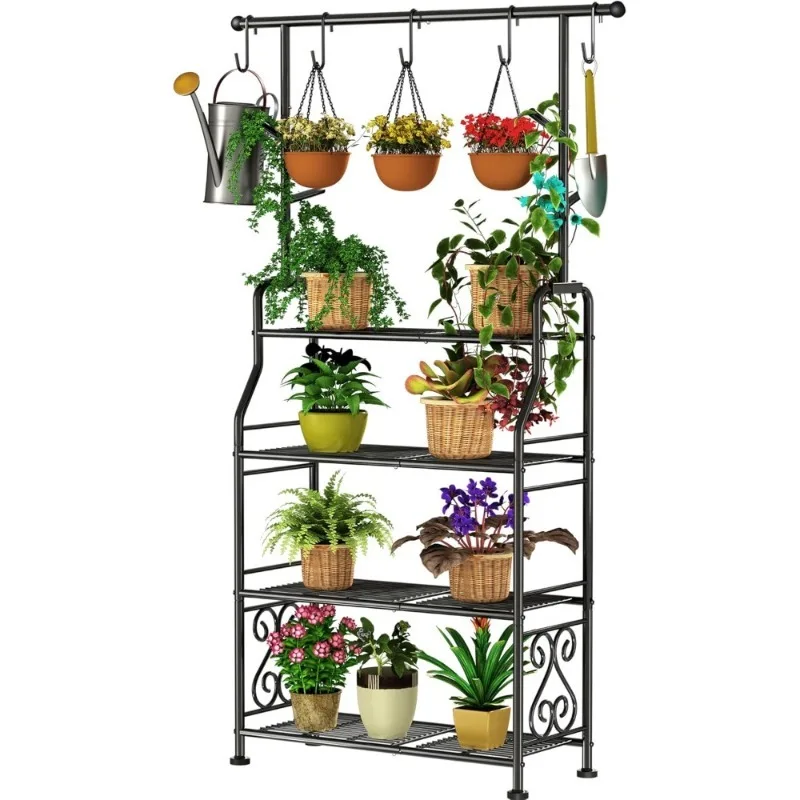 

4-х уровневая сверхмощная металлическая подставка для растений, внутренние и уличные полки, держатель для нескольких растений с вешалкой для патио, жизни