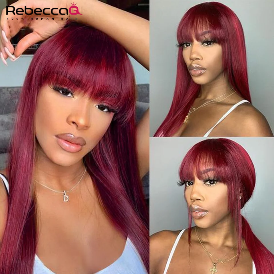 Wear to go 99J Wig Burg Red Bone Straight Human Hair Wig With Bangs For Women Brazilian Remy Hair Colored Halloween Cosplay Wigs - Image 4