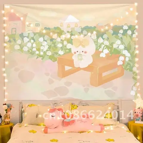 

Tiny Adorable Rabbit Cartoon Home Tapestry Hanging Cloth Cute Small Fresh Bedside Background Cloth Dormitory Bedroom Decoration