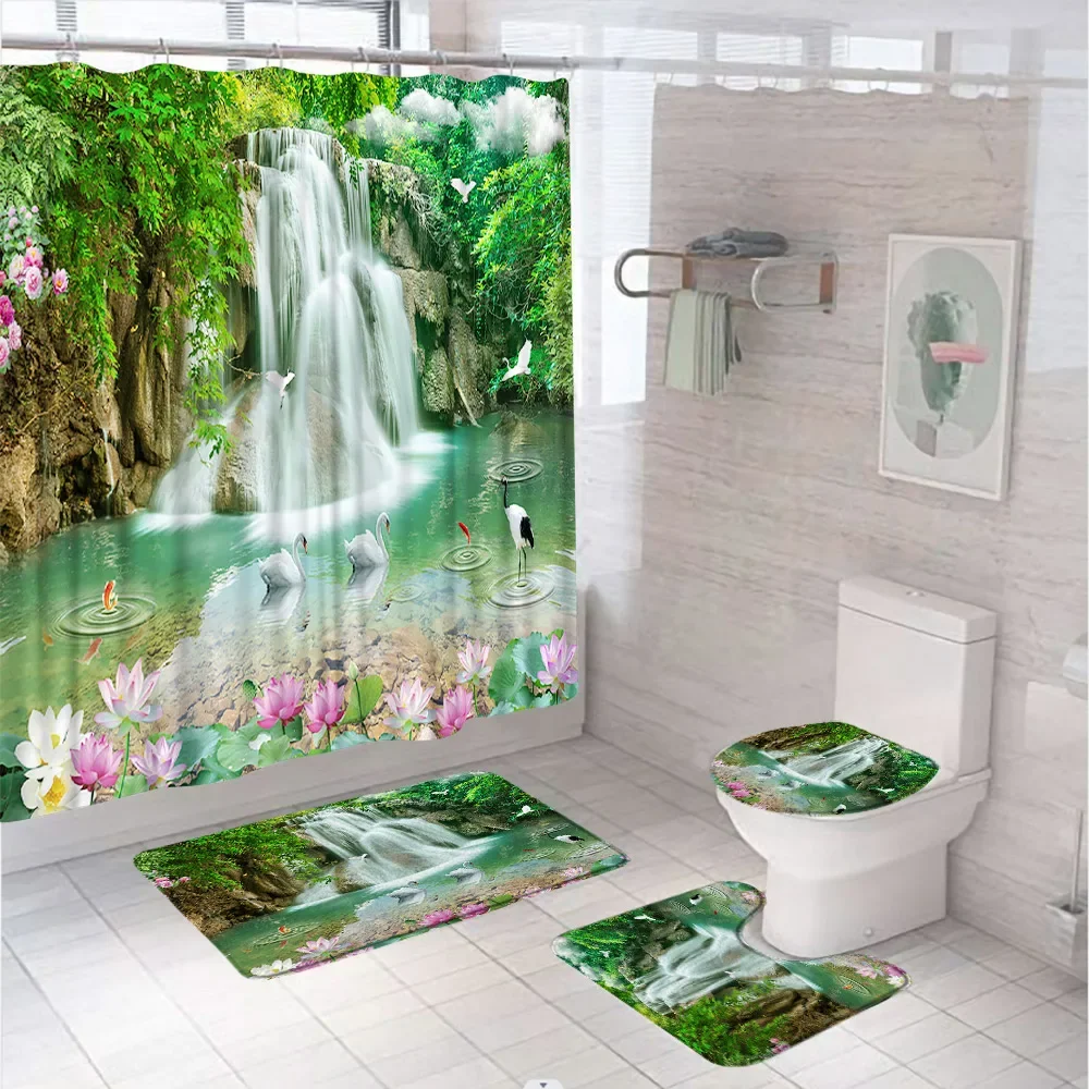 Forest Waterfall Shower Curtain Tree Jungle Rainforest Lake Nature Landscape Bathroom Curtain With Bath Mat Rug Toilet Lid Cover