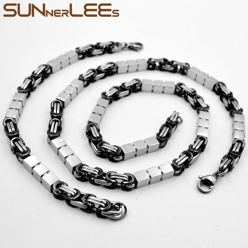 SUNNERLEES 316L Stainless Steel Necklace Bracelet Set 7mm Geometric Byzantine Link Chain Silver Color Gold Plated Unisex SC187 S