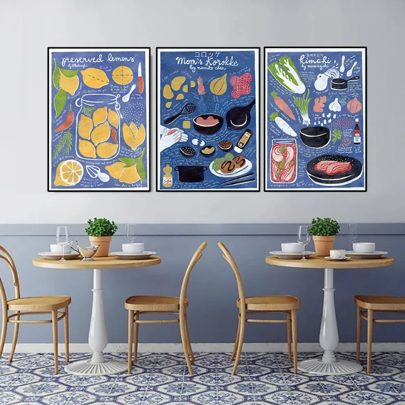 Modern Recipe Food Illustration Poster Kimchi Ramen Korokke Preserved Lemons Canvas Painting Wall Art Kitchen Room Home Decor