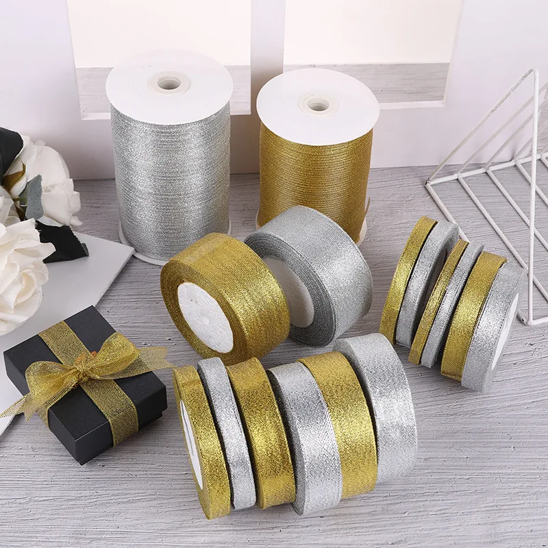 25 size mesh gold and silver ribbons flower decorations bouquet ties birthday cake packaging ribbons DIY gift ribbons