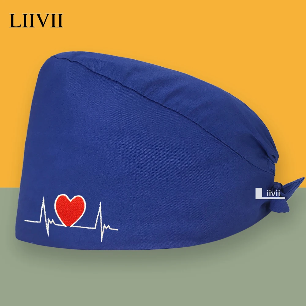 

Pure Cotton Medical Nurse Hat Heart Embroidered Dustproof Cap Adjustable Dentist Hat Pet Shop Scrubs Hat Surgeon Cap Surgery Cap