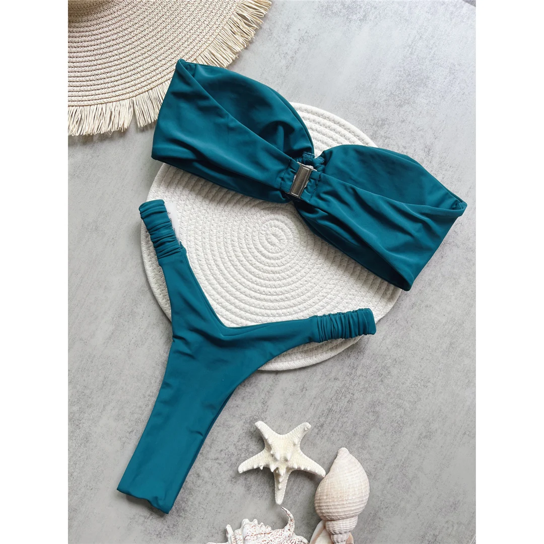 Gefalteter Bandeau-Bikini mit hohem Beinausschnitt, Mini-Tanga, Damen-Badeanzug, zweiteiliges Bikini-Set, Badebekleidung, Badeanzug, Schwimmbekleidung V6085 – Detail 15